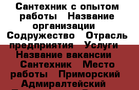 Сантехник с опытом работы › Название организации ­ Содружество › Отрасль предприятия ­ Услуги › Название вакансии ­ Сантехник › Место работы ­ Приморский, Адмиралтейский › Процент ­ 50 › Возраст от ­ 30 › Возраст до ­ 45 - Ленинградская обл., Санкт-Петербург г. Работа » Вакансии   . Ленинградская обл.,Санкт-Петербург г.